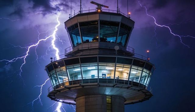 Air traffic control tower glowing at night during lightning storm with radar array