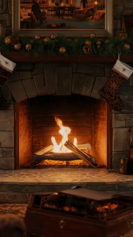 Cozy fireplace flickering with Christmas stockings, garland and log flames — vertical video