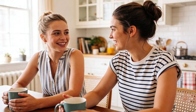 Two women sharing morning coffee and chatting in sunlit cozy kitchen at wooden table