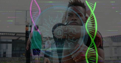 Fit Athlete Stretching Amid Futuristic Tech Innovation Graphics