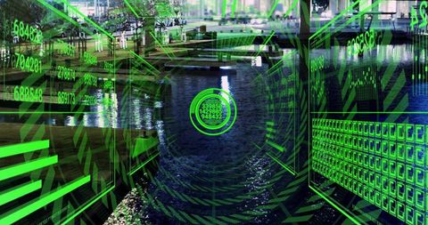 Floating neon green hud reticle over urban canal nightscape augmented reality interface