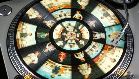 Spinning vinyl kaleidoscope of retro portraits on dj turntable with tonearm, vintage mosaic