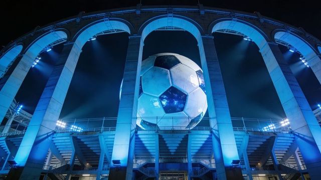Giant glowing soccer ball suspended inside stadium arches at night with blue illumination