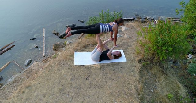 Aerial Yoga Near Serenity Lake in Nature - Download Free Stock Images Pikwizard.com