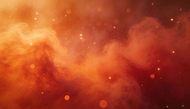 Fiery Orange Nebula Cloud Swirling with Glowing Stars and Bokeh for Cosmic Background