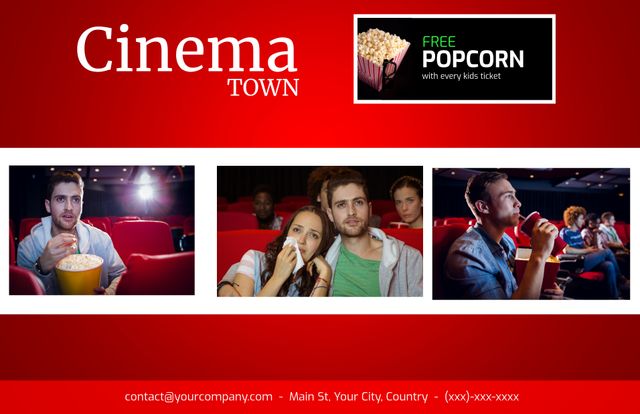 This advertising banner showcases a local cinema encouraging viewers to watch films and enjoy free popcorn with every kids ticket. It is ideal for promoting family-friendly events, film screenings, and special deals in a cinema. It can be used on social media, websites, and printed media to attract movie enthusiasts looking for an entertaining event with added perks.