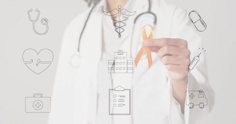 Doctor Holding Orange Awareness Ribbon with Medical Icons Overlay
