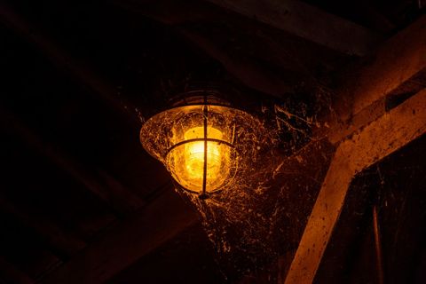 Eerie dimly lit old lantern with cobwebs at night
