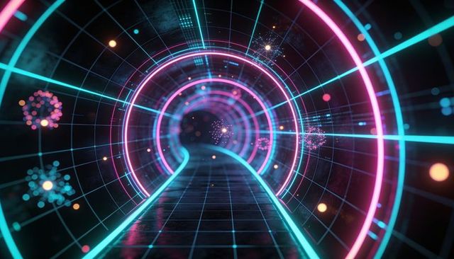 Neon cyber tunnel leading into glowing grid corridor with radial rings and particle bokeh