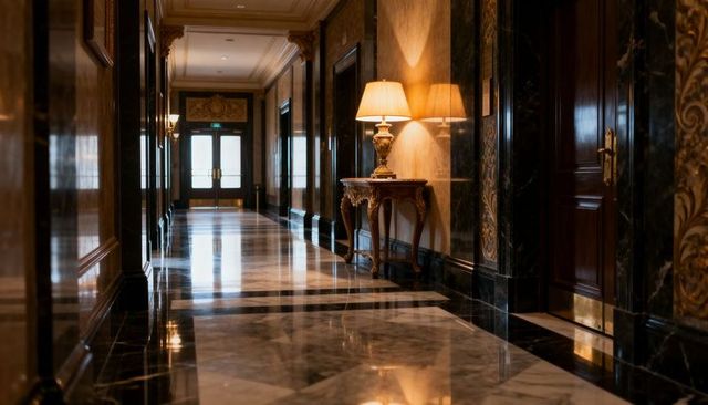 Luxurious hotel corridor showcasing marble floors, ornate console table, warm lamp glow