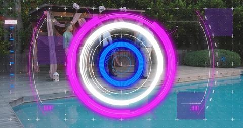 Neon hud overlay highlighting backyard pergola poolside celebration with guests