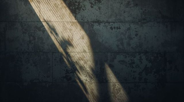 Diagonal sunlight beam casting dramatic light across weathered concrete panel wall texture