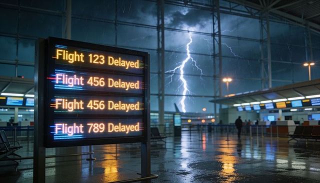 Airport departure board showing multiple delayed flights during thunderstorm and lightning