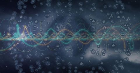 Neon Data Waveform Crossing Cosmic Network of Social Media and Sensor Glyphs