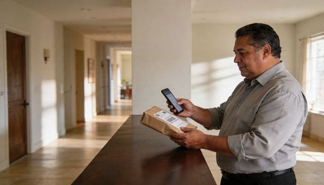 Man scanning parcel with smartphone in hallway for contactless delivery, package tracking