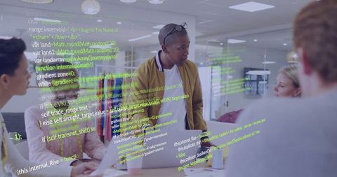 Tech Team Leader Presenting Code in Modern Conference Room