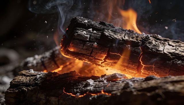 Crackling charred log revealing glowing embers, flying sparks and smoky campfire warmth