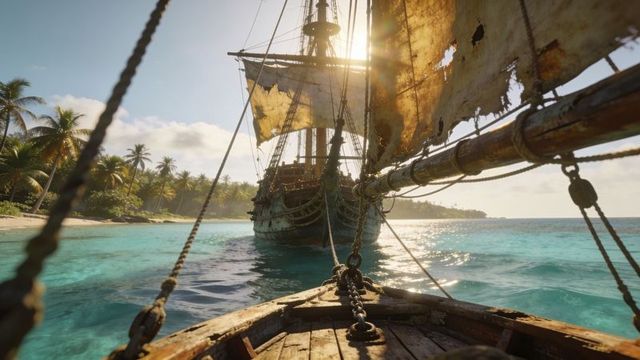 Approaching weathered pirate ship from dinghy in turquoise lagoon at sunset with tattered sails