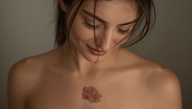 Tilting head woman with bare shoulders gazing down showing floral chest tattoo and shoulder gems