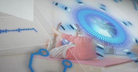 Practicing leg-hold stretch on pink mat with augmented HUD overlay for fitness tracking