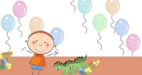 Happy child enjoying toys and balloons celebration