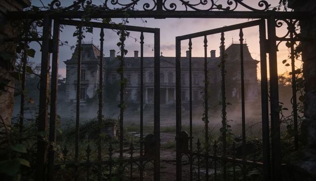 Framing rusted wrought-iron gate revealing overgrown stone mansion at misty dawn