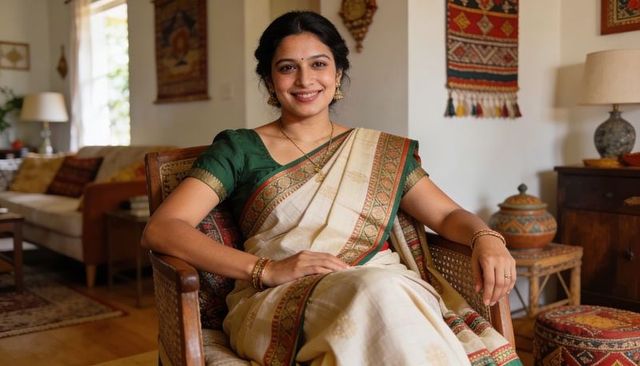 Smiling indian woman wearing cream saree with green-red border, posing in cozy living room