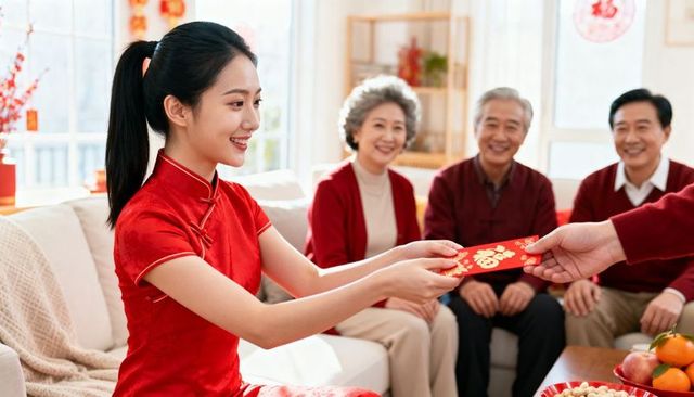 Young woman receiving red envelope during lunar new year family celebration at home