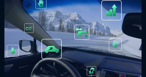 view from inside an electric car displaying various green icons representing sustainability and eco-friendly features. snow-covered mountains and trees are visible beyond the windshield, adding to the theme of natural beauty and responsible travel. ideal for use in content promoting sustainable driving, environmental technology, and the appeal of electric vehicles in winter climates.