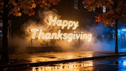 Glowing Happy Thanksgiving Neon Sign Casting Warm Light over Wet Urban Sidewalk