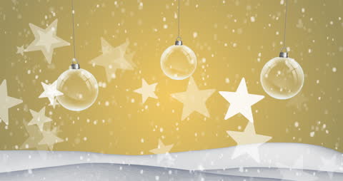 Enchanting Christmas Decorations with Falling Snow and Stars on Yellow