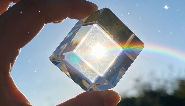 Holding faceted crystal cube refracting sunlight into vivid rainbow spectrum