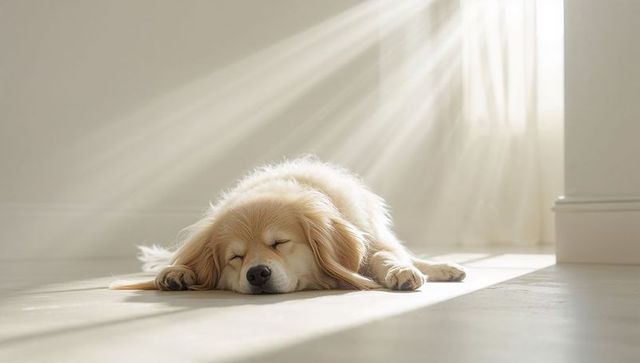 Golden retriever mix sleeping and basking in sunbeams on light wooden floor