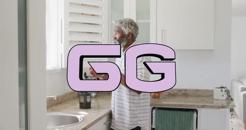 Senior Man Using Smartphone at Home with 5G Overlay