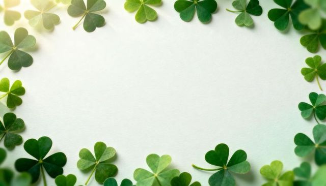 Framing green clover border around blank white paper with soft sunlight and negative space