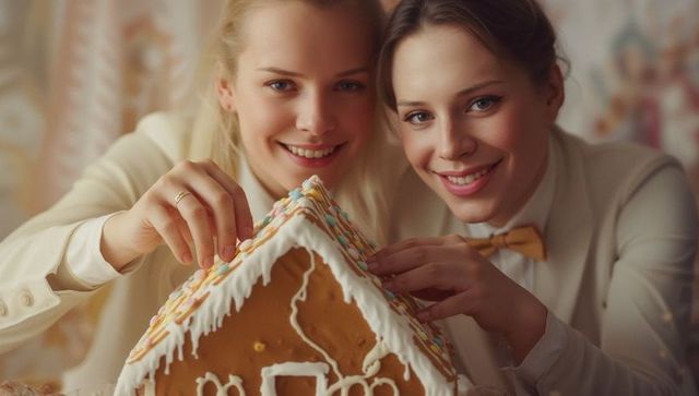 Friends decorating gingerbread house in cozy holiday kitchen