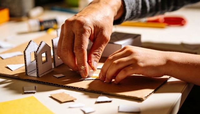 Adult guiding child building cardboard house model on tabletop craft project