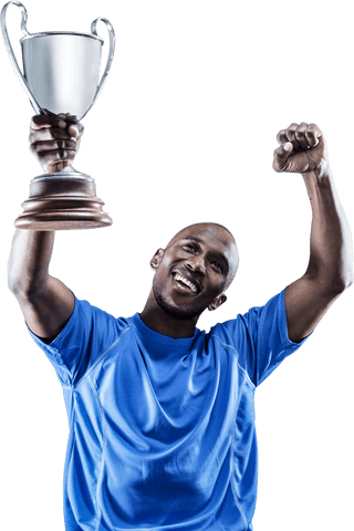 Joyful athlete celebrating victory holding trophy transparent