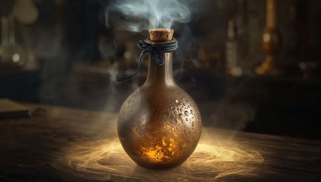 Mystical Alchemy Flask Emitting Smoke in Ancient Workshop