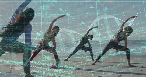 Women Practicing Yoga with DNA Helix Overlay on Beach