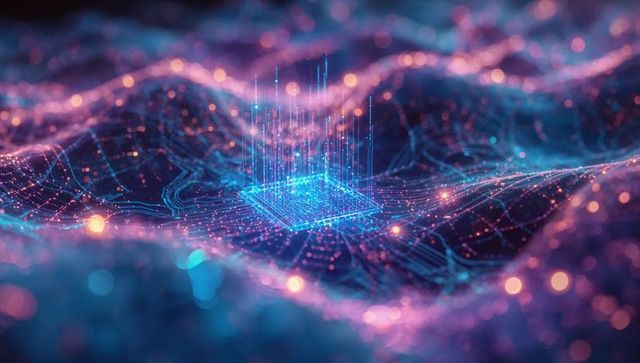 Futuristic microchip on neon circuit grid with glowing data nodes