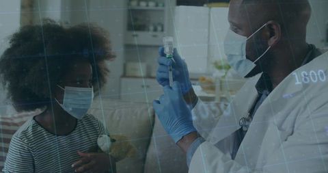 Doctor preparing syringe for pediatric immunization during home visit with masked child