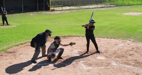 Baseball Batter Preparing to Swing at Home Plate with Catcher and Umpire on Sunlit Field