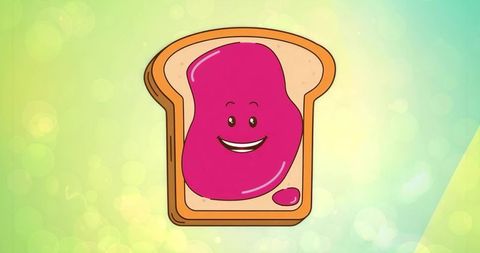 Smiling pink jam spreading on toast cartoon character with playful bokeh background
