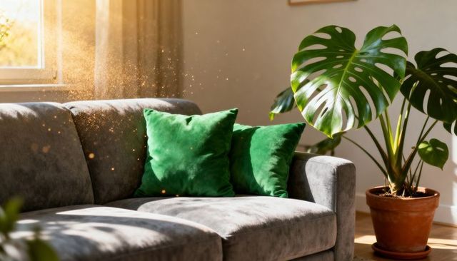 Sunlit living room with gray velvet sofa, green velvet pillows and monstera plant