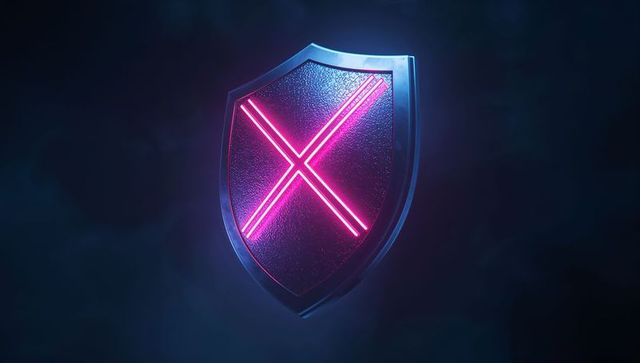 Futuristic Shield with Neon Pink X in Dark Mystical Atmosphere