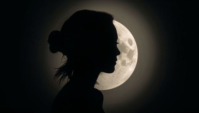 Silhouette of Woman Against Full Moon in Clear Night Sky