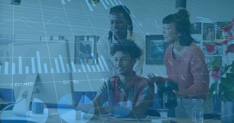 Creative Team Collaborating in Modern Office with Graph Overlay