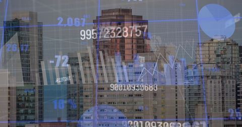 Cityscape overlaid with financial data visualizations