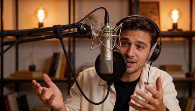 Recording engaging podcast host gesturing in cozy home studio with condenser microphone